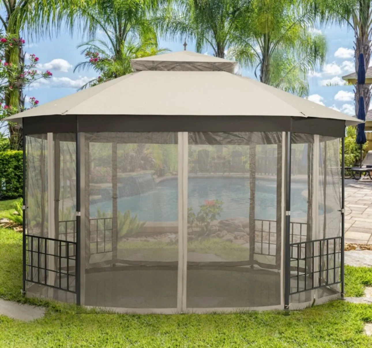 2-Tier Vented Durable Heavy Duty Top 10FT By 12FT Octagon Style Patio Gazebo With Mosquito Netting