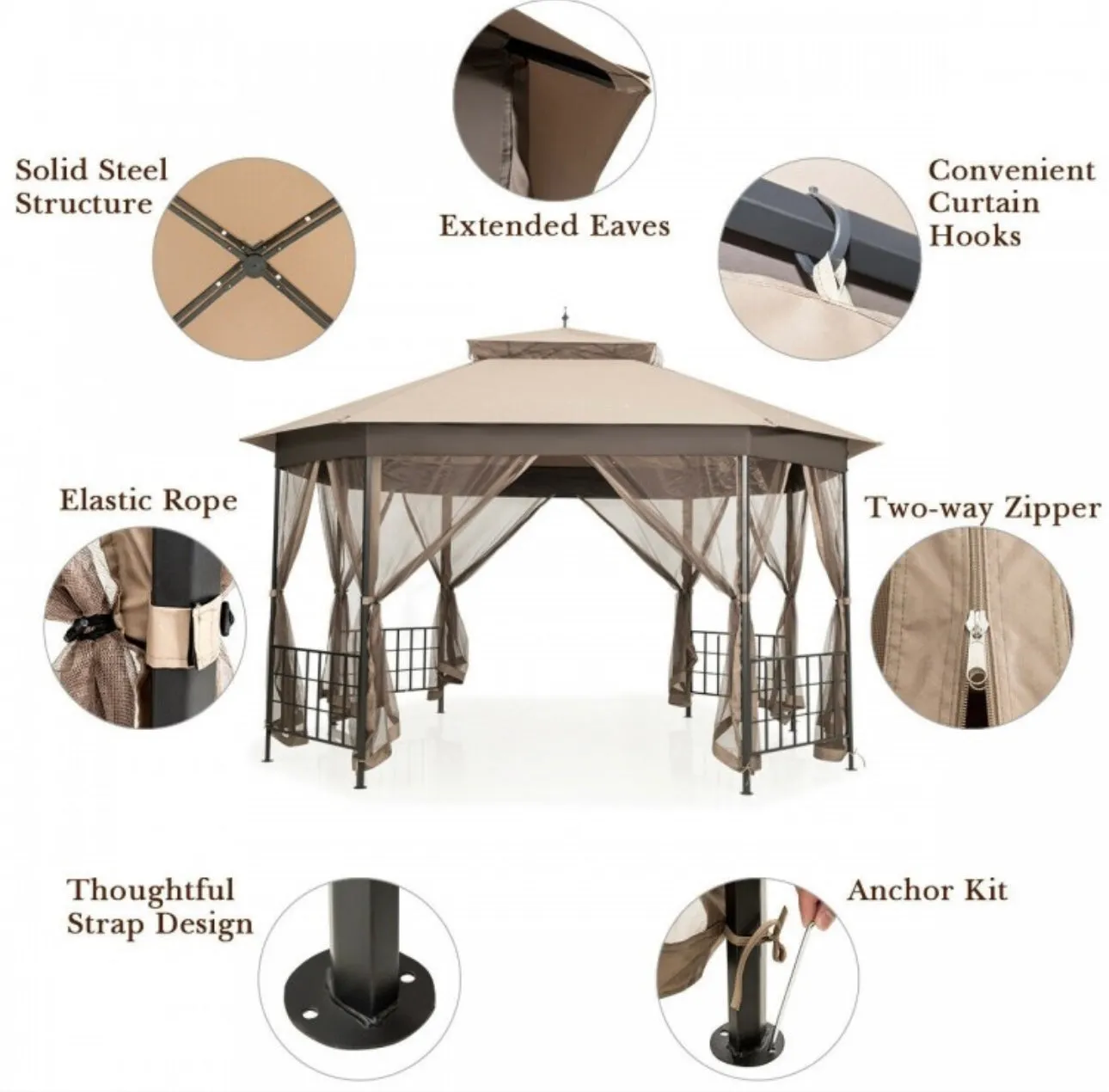2-Tier Vented Durable Heavy Duty Top 10FT By 12FT Octagon Style Patio Gazebo With Mosquito Netting