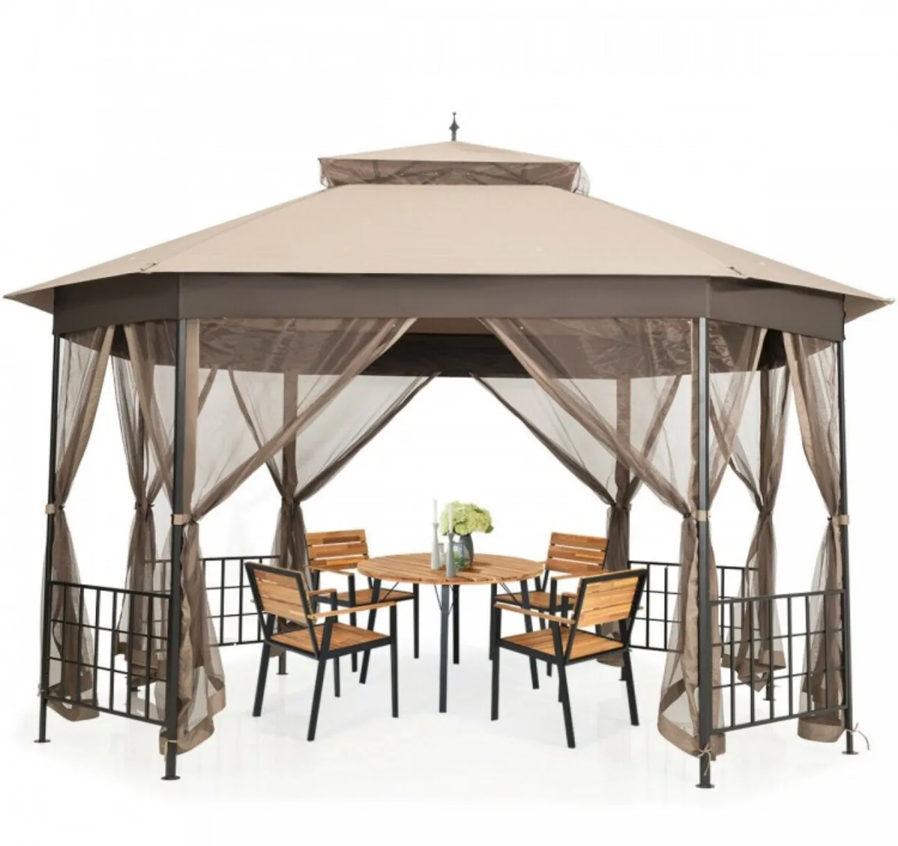 2-Tier Vented Durable Heavy Duty Top 10FT By 12FT Octagon Style Patio Gazebo With Mosquito Netting