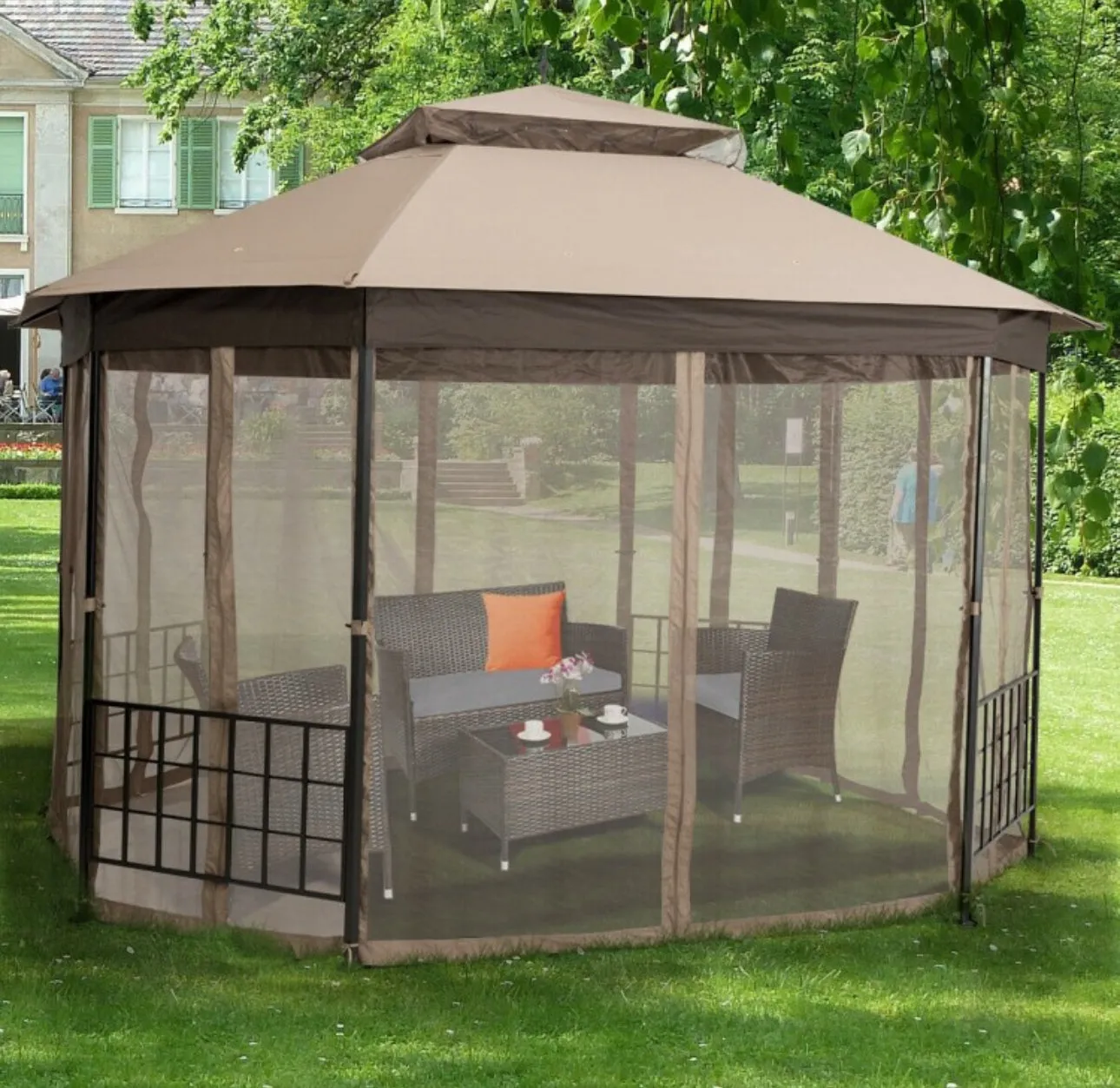 2-Tier Vented Durable Heavy Duty Top 10FT By 12FT Octagon Style Patio Gazebo With Mosquito Netting