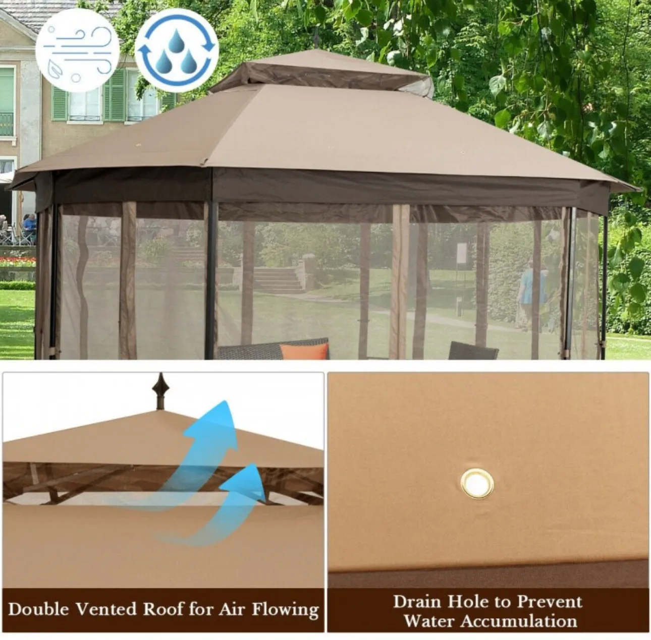 2-Tier Vented Durable Heavy Duty Top 10FT By 12FT Octagon Style Patio Gazebo With Mosquito Netting