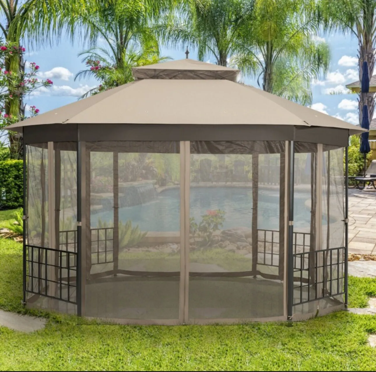 2-Tier Vented Durable Heavy Duty Top 10FT By 12FT Octagon Style Patio Gazebo With Mosquito Netting
