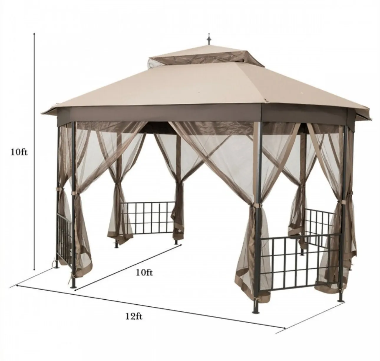 2-Tier Vented Durable Heavy Duty Top 10FT By 12FT Octagon Style Patio Gazebo With Mosquito Netting