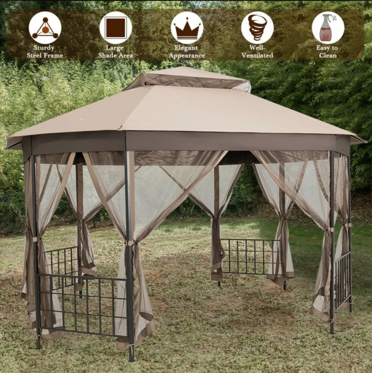 2-Tier Vented Durable Heavy Duty Top 10FT By 12FT Octagon Style Patio Gazebo With Mosquito Netting