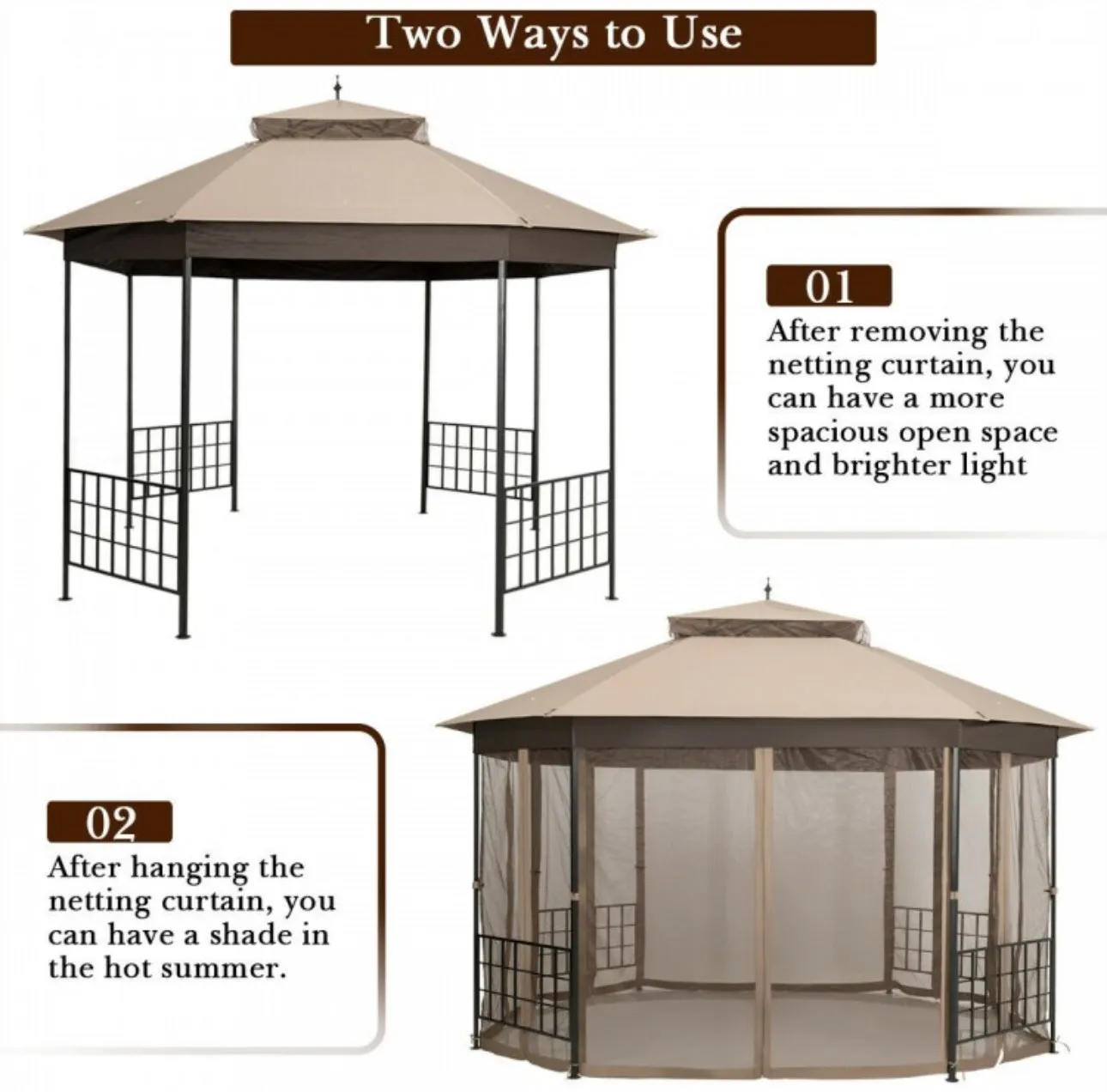2-Tier Vented Durable Heavy Duty Top 10FT By 12FT Octagon Style Patio Gazebo With Mosquito Netting