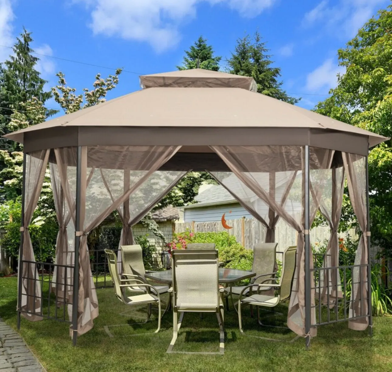 2-Tier Vented Durable Heavy Duty Top 10FT By 12FT Octagon Style Patio Gazebo With Mosquito Netting