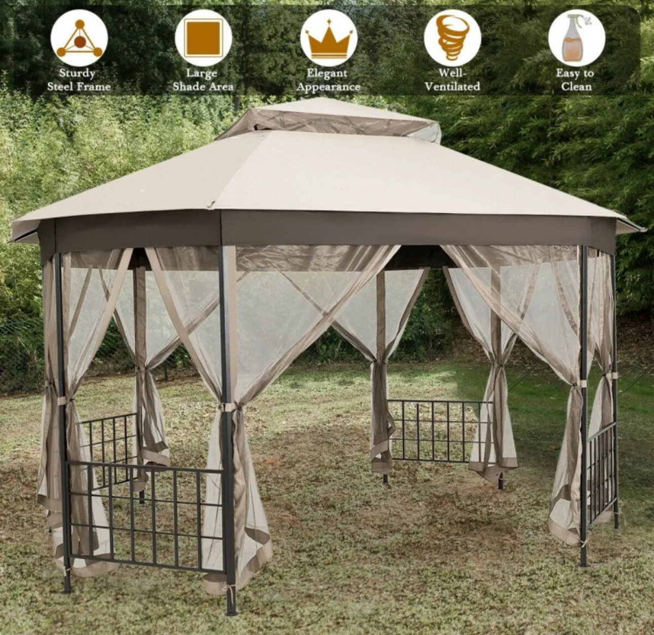 2-Tier Vented Durable Heavy Duty Top 10FT By 12FT Octagon Style Patio Gazebo With Mosquito Netting