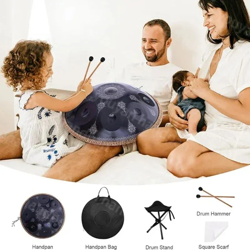 432/440hz 22 Inch d Minor Blue Steel Tongue Engraved Hand Pan Drum for Yoga & Meditation