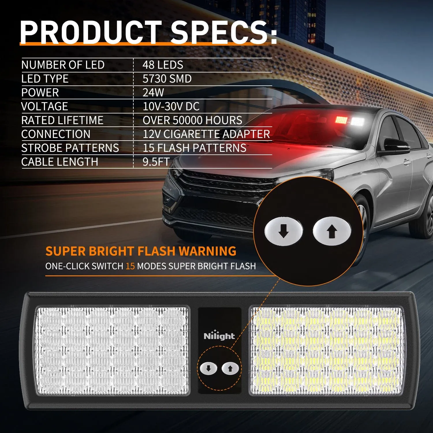 48 LED Red White Emergency Warning Strobe Lights