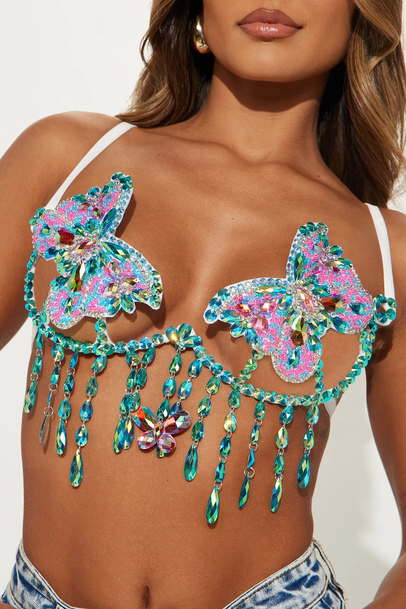 Beautiful Butterfly Hand Beaded Underwire Festival Bra - Turquoise