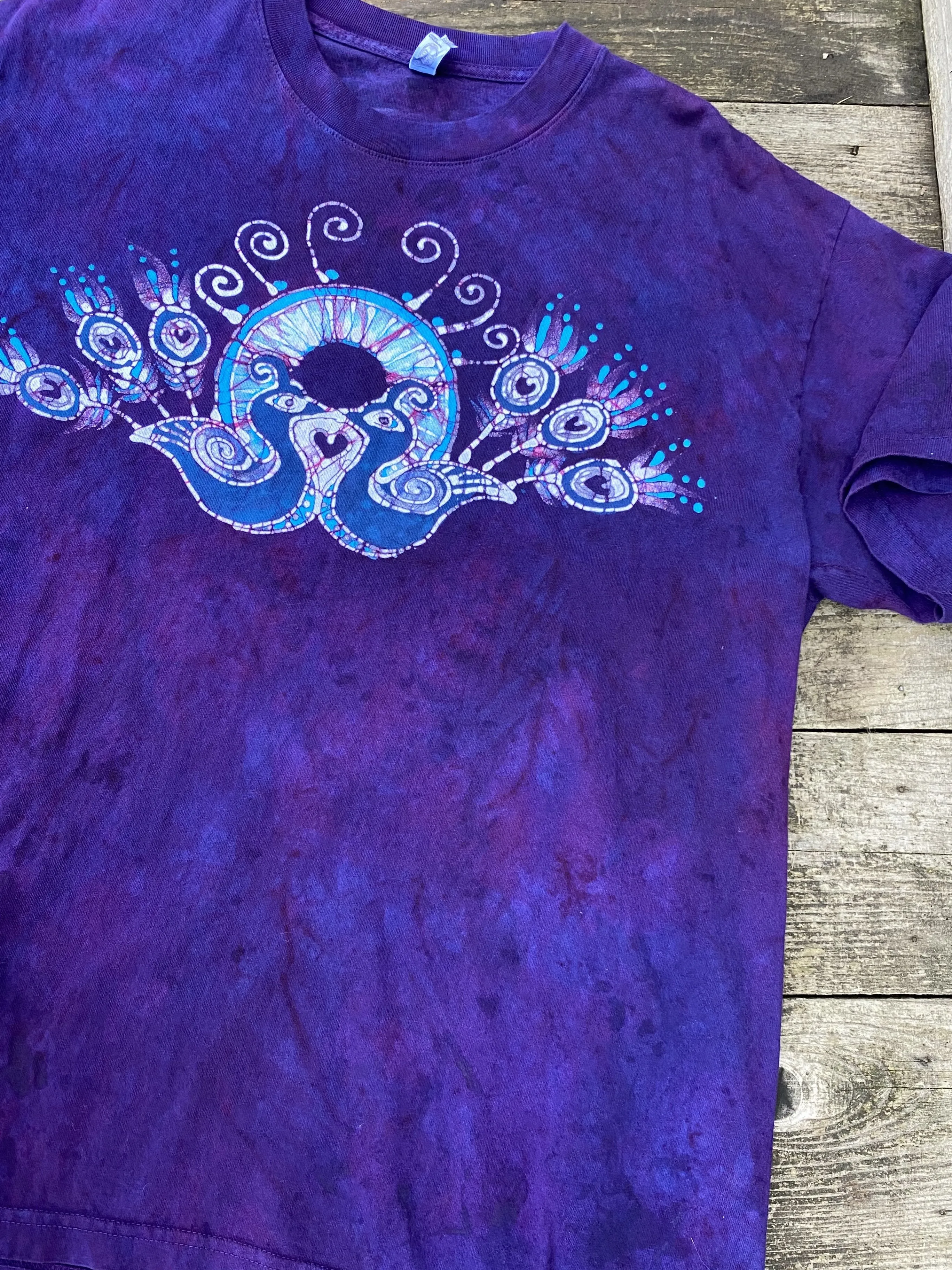 Kissing Peacocks Purple & Turquoise Handmade Batikwalla Tshirt - MEDIUM Only