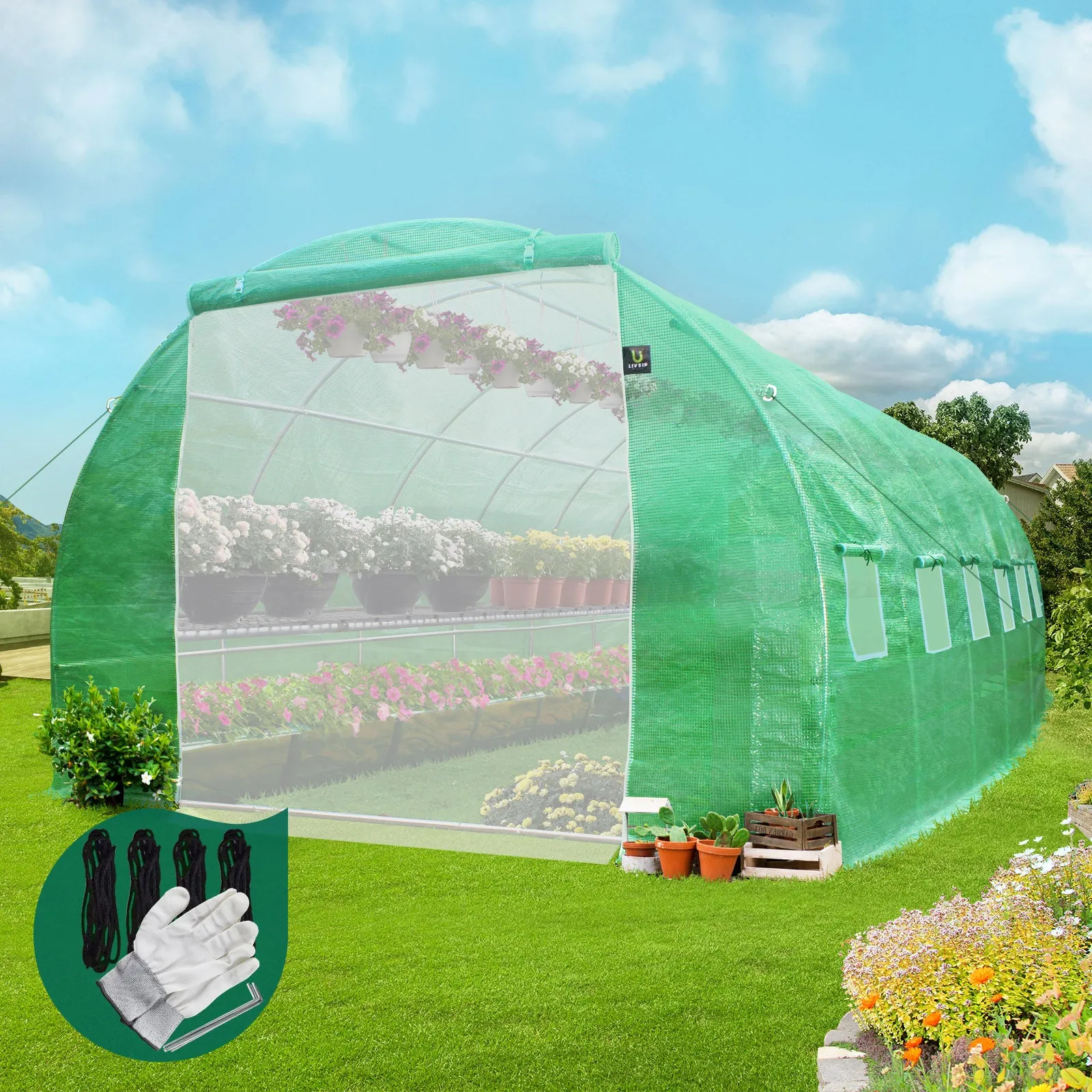 Livsip Greenhouse 6MX3M Walk in Green House Tunnel Plant Garden Shed Storage
