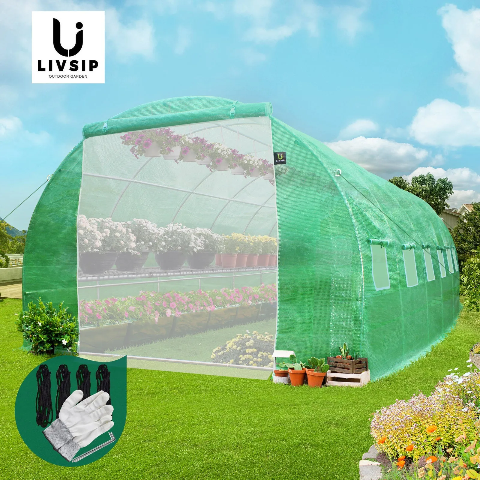 Livsip Greenhouse 6MX3M Walk in Green House Tunnel Plant Garden Shed Storage