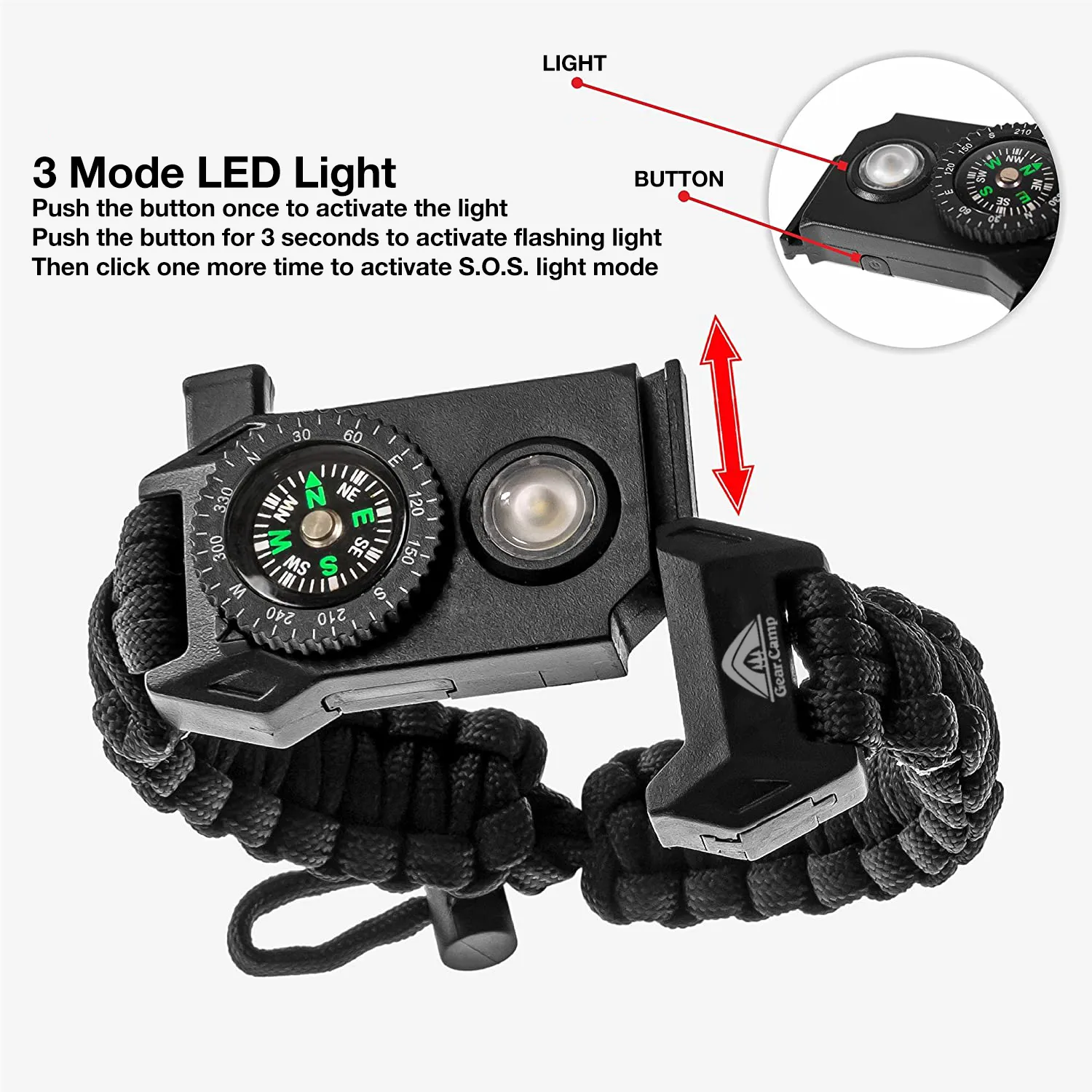 The Outdoorsman - Flashlight Survival Bracelet (Army Green) with Compass/Smart LED Light/Fire Starter/Blade/Whistle/Paracord (6-in-1 tool).